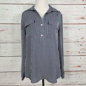 ANN TAYLOR Women's Navy Blue and White Striped Top Size Small